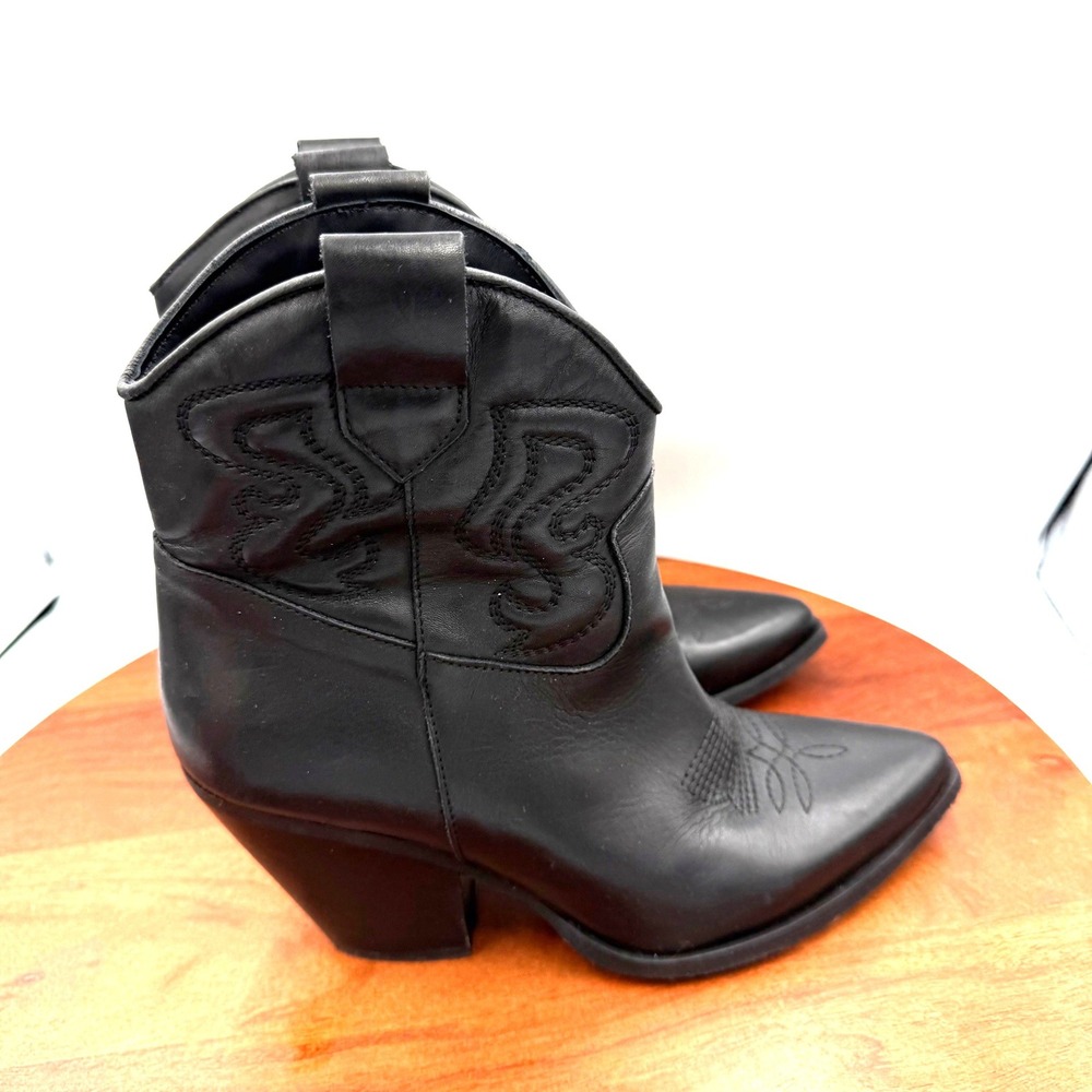 Black Leather Western Ankle Cowgirl Boots Made in Italy Pointed Toe Womens 39